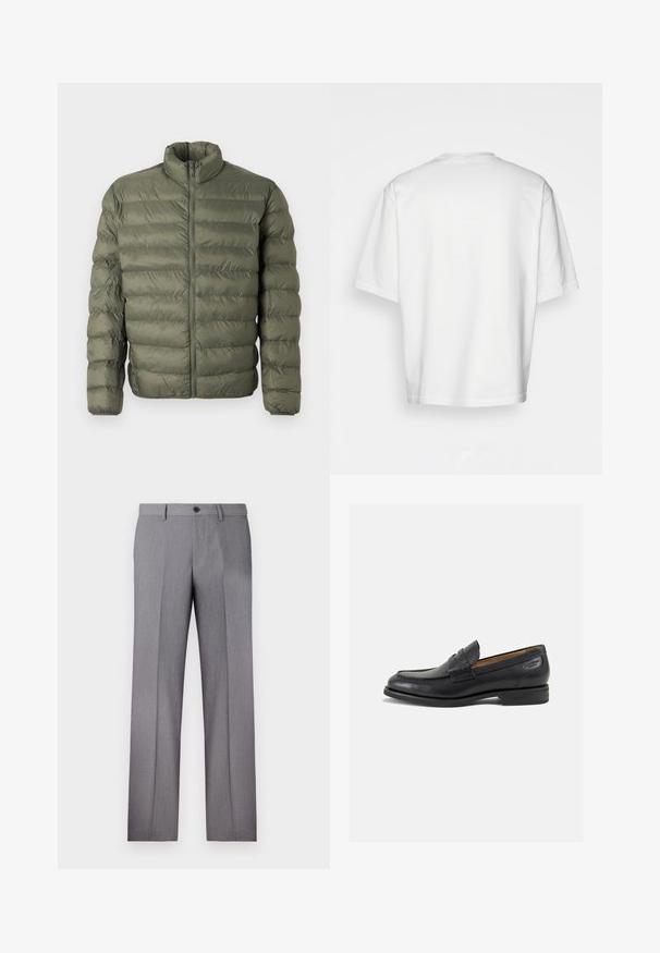 Jachetă puffer în verde măsliniu, cu umplutură matlasată, mâneci lungi, guler înalt și închidere cu fermoar frontal.; Tricou alb cu mânecă scurtă, croială lejeră, decolteu rotund, material din bumbac neted, spate simplu, margine dreaptă, fără modele sau accente.; Pantaloni gri, croiți cu un front neted, două buzunare laterale și un închidere cu un singur buton. Textură fină cu un model subtil de dungi.; Mocasini din piele neagră cu o finisare netedă, vârf rotund și cusături decorative pe partea superioară. Toc mic și stivuit, cu o ușoară strălucire.