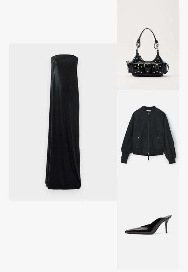 Black bomber jacket with a zip front, ribbed cuffs, and two front pockets. Features a relaxed fit and textured fabric detail on sleeves.; Black strapless maxi dress made of smooth, shiny fabric. Features a fitted bodice and flowing silhouette, reaching the floor without embellishments.; Black patent leather high-heeled mule with a pointed toe and a sleek silhouette, featuring an open back and a slender stiletto heel.; Black leather handbag with a curved design, featuring silver studs, a buckle, and two side pockets. Adjustable strap for carrying options.