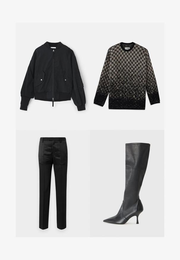 Jachetă bomber neagră cu fermoar frontal, manșete ribbed și două buzunare frontale. Prezintă o croială lejeră și un detaliu texturat pe mâneci.; Pulover tricotat cu un model în diamant în nuanțe de bej și negru, cu o degradare graduală a culorilor. Guler rotund și mâneci lungi. Textură moale.; Pantaloni negri, croiți pe corp, cu picioare drepte și talie cu curea, având un amestec de panouri de țesătură mată și lucioasă.; Botine din piele neagră, până la genunchi, cu vârf ascuțit și toc subțire stiletto. Textură netedă, cu un design ajustat și cusături la marginea superioară.