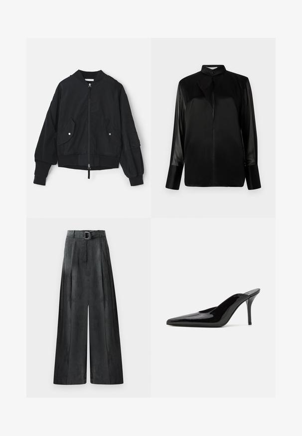 Czarna kurtka bombowiec z zamkiem z przodu, ściągaczami przy mankietach i dwiema przednimi kieszeniami. Charakteryzuje się luźnym krojem i teksturowanym detalem na rękawach.; Czarna bluzka z kołnierzem stójkowym, długimi przezroczystymi rękawami, detalem w postaci kokardy na szyi, wykonana z gładkiej satynowej tkaniny, z guzikiem z przodu.; Szerokie spodnie w ciemnoszarym kolorze, charakteryzujące się gładką fakturą, plisami oraz paskiem z srebrną klamrą w wysokim talii.; Czarne lakierowane mule na wysokim obcasie z wąskim noskiem i elegancką sylwetką, charakteryzujące się otwartym tyłem i smukłym szpilką.