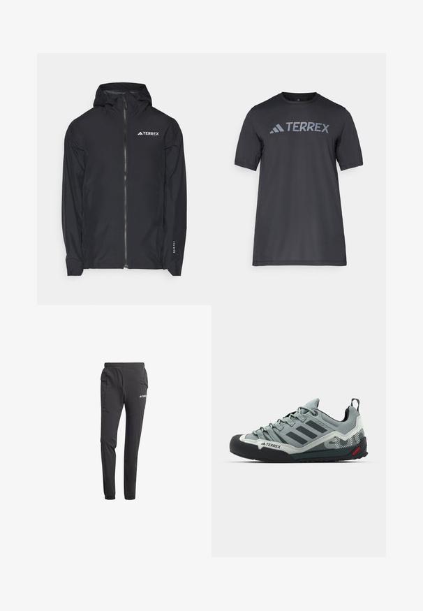 adidas Terrex MULTI 2.5L - Sadetakki - black; Musta lyhythihainen t-paita kevyestä kankaasta, jossa on vaaleanharmaa "TERREX" -logo rinnassa ja pyöreä kaula-aukko.; Mustat urheiluhaalari kevyestä kankaasta, jossa on joustava vyötärö, sivutaskut, kapenevat lahkeet ja logo-yksityiskohta.; Harmaan kiipeilykengät, joissa on teksturoitu päällinen, musta kuminen varvasosa, kolme tummaa raitaa ja pieni punainen yksityiskohta pohjassa.