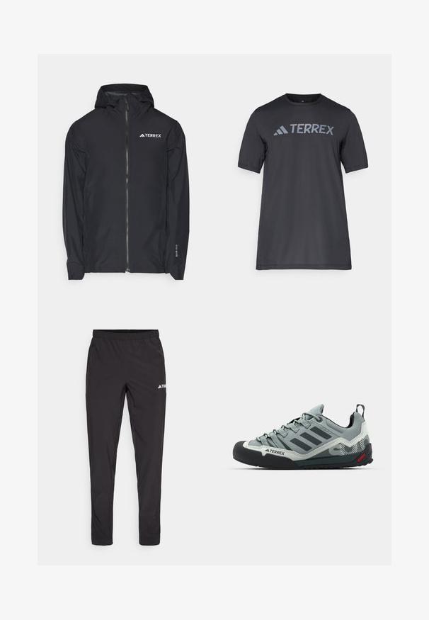 adidas Terrex MULTI 2.5L - Impermeabile - black; T-shirt nero a maniche corte realizzato in tessuto leggero, con il logo "TERREX" grigio chiaro sul petto e colletto tondo.; Pantaloni sportivi neri con vita elasticizzata, due tasche laterali con zip e un logo sulla parte superiore della gamba destra. Tessuto liscio e leggero.; Scarpe da arrampicata grigie con una tomaia strutturata, punta in gomma nera, tre strisce scure e un piccolo accento rosso sulla suola.
