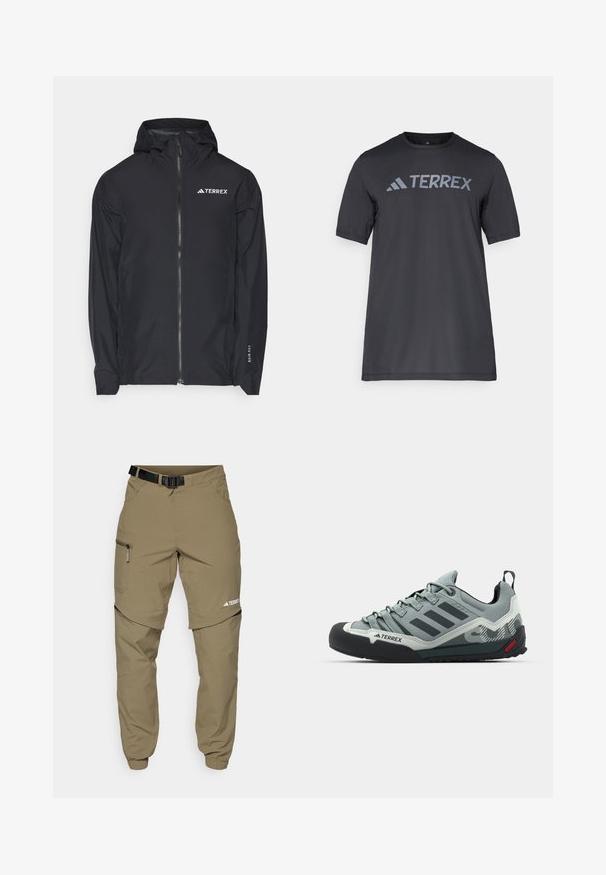 adidas Terrex MULTI 2.5L - Regenjacke / wasserabweisende Jacke - black; Schwarzes T-Shirt mit kurzen Ärmeln aus leichtem Stoff, mit einem hellgrauen "TERREX"-Logo auf der Brust und einem Rundhalsausschnitt.; Khaki Outdoor-Hosen mit verstellbarem schwarzen Gürtel, Reißverschlusstaschen, schmal zulaufenden Bündchen und abnehmbaren unteren Beinen für vielseitige Stylingmöglichkeiten.; Graue Kletterschuhe mit einer strukturierten Oberseite, schwarzer Gummi-Zehenkappe, drei dunklen Streifen und einem kleinen roten Akzent an der Sohle.