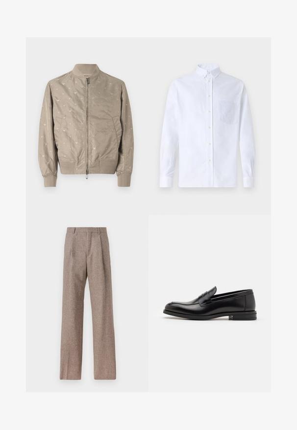 Gai bežs bomber jakas ar mīkstu tekstūru, ar maigiem putnu rakstiem, ar rāvējslēdzēju, ribotu apkakli un aprocēm. Divas sānu kabatas.; Balts garo piedurknēm krekliņš ar pogām, izgatavots no kokvilnas, ar krūšu kabatu ar tonālu izšuvumu, apkakli un pogām pie piedurknēm.; Brūni, augstos šortos izgatavoti no teksturēta auduma. Iezīmē plašas kājas un divas priekšējās krokas, kas nodrošina struktūru. Kārtīga apdare bez redzamām detaļām.; Melnas ādas kurpes ar gludu tekstūru, noapaļu purngalu un dekoratīvu siksniņu pāri priekšpusei. Zems sakrauts papēdis, minimālisma dizains.