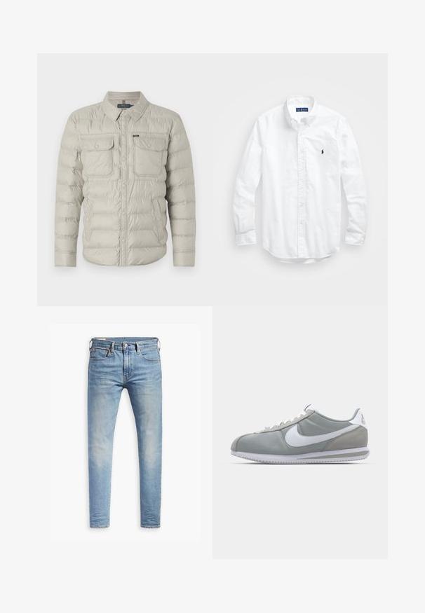 Vadderad beige jacka med knapplist fram, två bröstfickor och nedfällbar krage. Har horisontellt quiltat mönster och slät textur.; Vit långärmad skjorta i bomull med knappar. Har en klassisk krage, knappmanchetter och en liten broderad logotyp i marinblått på bröstet.; Ljust blå smala jeans med lätt blekning på låren, framknäppning, bältesslingor och fem fickor på en vit bakgrund.; Grå idrottssko med ovandel i mocka och textil, vit Nike-swoosh och vita snören. Har en texturerad gummisula och vadderad krage.