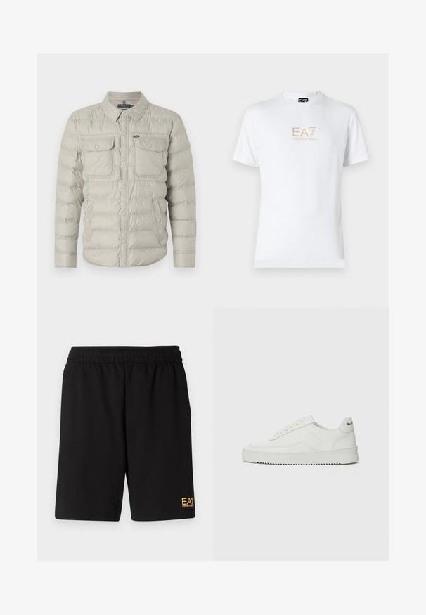 Bézs színű steppelt dzseki gombos elülső résszel, két mellzsebből és lehajtható gallérral. A vízszintes steppelés jellemzi, sima textúrával.; Fehér pamut póló, kerek nyakkivágással és rövid ujjakkal, az elején arany EA7 Emporio Armani logóval nyomtatva.; Fekete sportnadrág puha anyagból, rugalmas derékkal és egy kis sárga EA7 logóval a bal alsó lábszáron.; Fehér bőr sportcipő sima felülettel, kerek orral, lapos fűzőkkel és texturált talppal. Finom logó található a sarokon.