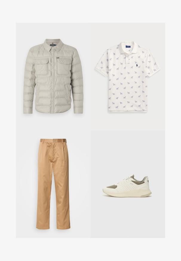 Casaco bege acolchoado com fecho de botões na frente, dois bolsos no peito e colarinho dobrável. Apresenta um padrão acolchoado horizontal e textura suave.; Camisola polo branca feita de algodão, com um padrão repetido de cães azuis e um pequeno logotipo azul no peito. Mangas curtas e colarinho.; Calças caqui, mistura de algodão, design de pernas retas, pregas frontais, passantes para cinto e fecho com botão. Textura suave sem padrões.; Sapatilha atlética branca e bege claro, com parte superior em malha, detalhes perfurados e uma entressola texturizada com marcação no calcanhar.