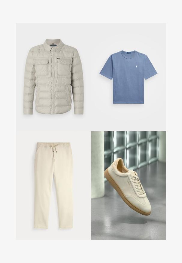 Casaco bege acolchoado com fecho de botões na frente, dois bolsos no peito e colarinho dobrável. Apresenta um padrão acolchoado horizontal e textura suave.; T-shirt de algodão azul com mangas curtas, gola redonda e um logo bordado branco no lado esquerdo do peito. Textura suave, design casual.; Calças casuais off-white com cintura elástica e cordão, pernas retas e bolsos laterais, contra um fundo liso.; Sapatilha de camurça bege com sola texturizada em borracha cor de caramelo. Apresenta atacadores planos, biqueira arredondada e marcação subtil na lateral. Colarinho levemente acolchoado.