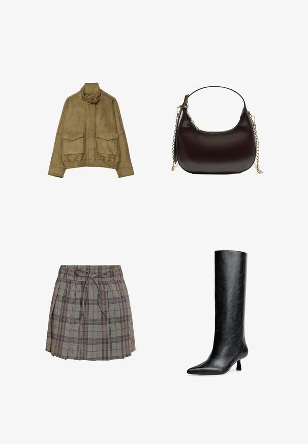 Semiš jopič v olivno zeleni barvi z visokim ovratnikom, dvema sprednjima žepoma in rebrastim pasom. Gladka tekstura in natančno oblikovani detajli.; Bela srajca s kragnjo iz gladkega materiala. Ima klasično ovratnico, dolge rokave in ravno krojenje brez vidnih vzorcev ali okrasnih elementov.; Karirana krila z elastičnim pasom in nastavljivo vrvico. Ima svetlo sivo osnovo s črnimi in rdečimi kockastimi vzorci.; Črne gležnjeke do kolen, narejene iz strukturirane usnje. Imajo koničast toe in majhen, razširjen peto. Eleganten, gladek dizajn z minimalnimi poudarki.; Črna usnjena torba za ramena s ukrivljeno silhueto, ki ima zlat trak in gladko, sijočo površino.