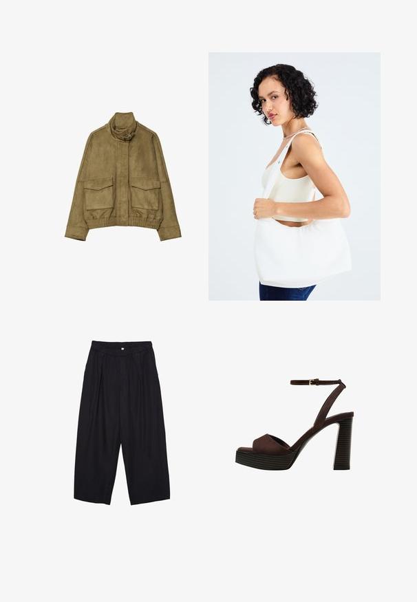 Giacca in suede verde oliva con colletto alto, due tasche frontali e vita a costine. Texture liscia e dettagli di design su misura.; Top corto grigio scuro con scollatura a barca. Realizzato in tessuto a costine, presenta una vestibilità rilassata e un orlo pulito. Design semplice, senza motivi.; Pantaloni culotte neri in poliestere con una cintura elastica, due pieghe frontali e una silhouette ampia. Nessun motivo visibile o dettagli in metallo.; Sandal in camoscio marrone con tacco alto, punta aperta, cinturino alla caviglia regolabile e suola a piattaforma striata.; Borsa a spalla bianca realizzata in materiale morbido, con un ritaglio ovale e un design a tracolla ampia. Semplice e moderna, senza hardware visibili.