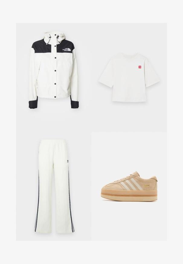 Valkoinen takki, jossa on musta yläosa ja olkapäät, hupullinen, napituksella ja mustilla hihansuilla. The North Face -logo on rinnassa.; Valkoinen lyhythihainen t-paita, joka on valmistettu puuvillasta. Vasemmassa rinnassa pieni punainen neliölogo. Suora leikkaus. Pehmeä pinta.; Vaaleakermanväriset, palmikkoneulotut housut, joissa on levenevä malli. Housuissa on tummansiniset sivuraidat ja Adidas-logo lonkassa. Vyötäröllä on joustava vyötärönauha.; Beige mokasíny s platformou z semiše, bílé tři pruhy, kulatá špička a béžová gumová podrážka s akcentem zlatého loga na boku.