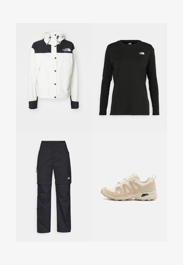 Hvid jakke med en sort overlåsning og skuldre, der har hætte, trykknapper og sorte manchetter. The North Face-logoet er på brystet.; Sort langærmet t-shirt lavet af bomuld med rund hals. Har et lille hvidt logo på venstre brystområde. Enkel design og pasform.; Sorte nylon cargo bukser med lynlås, justerbare manchetter, flere lommer og et logo på højre ben. Glat, let tekstur.; Beige og creme atletiksko med struktureret mesh-overdel, støttende overlays og gummiyderside med et mønster for trækkraft.