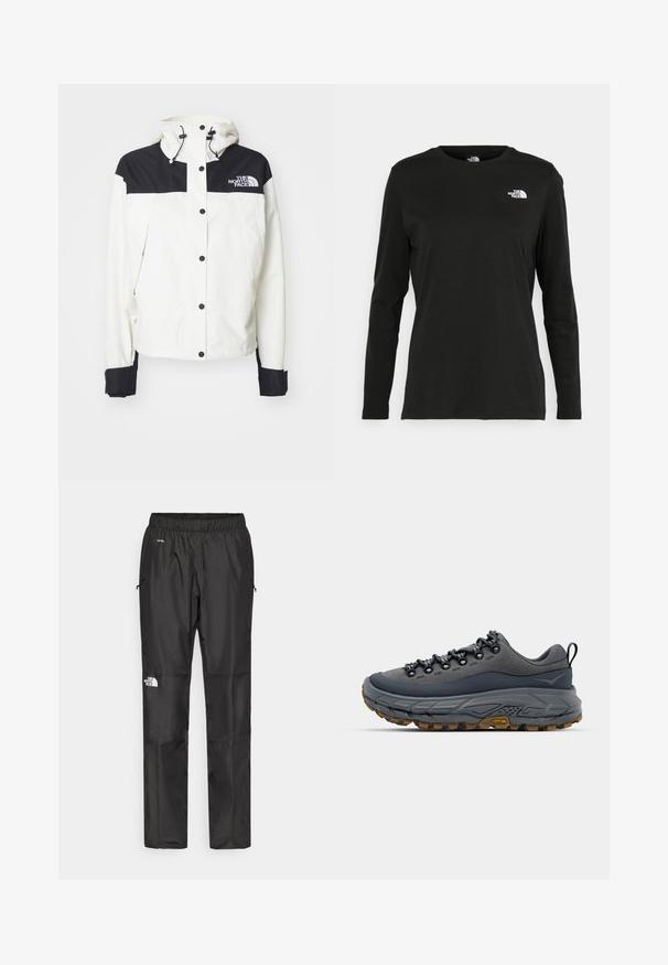Balta striukė su juodu viršutiniu skyriumi ir pečiais, su kapuci, spaudėmis ir juodomis rankovėmis. "The North Face" logotipas yra ant krūtinės.; Juodas ilgomis rankovėmis medvilninis marškinėliai su apvali apykakle. Savybė - mažas baltas logotipas kairėje krūtinės pusėje. Paprastas dizainas ir pritaikymas.; Juodi nepralaidūs vandeniui kelnių, pagamintų iš lengvos medžiagos, su elastingu juosmeniu, šoninėmis kišenėmis ir logotipu kairiajame šone.; Pilkos spalvos žygio batai su tvirtu padu, paminkštintu apykakle ir tekstūruotu viršumi. Yra juodi raiščiai ir geltona Vibram logotipo etiketė ant pado.