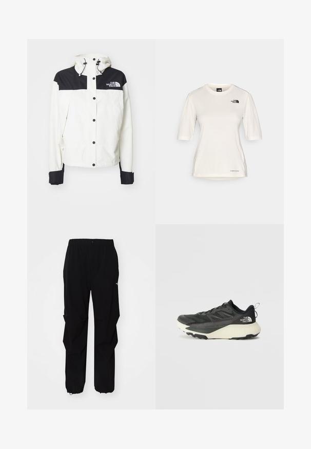 Valge jakk musta ülaosa ja õlgadega, millel on kapuuts, nupud ja mustad mansetid. The North Face logo on rinnal.; The North Face SHADOW SHORT SLEEVE - Spordi T-särk - white dune; Mustad must outdoor püksid, valmistatud vastupidavast materjalist, millel on mugav lõige, elastne vöökoht ja reguleeritavad varrukaotsad.; Musty mustusjalats musta pealisega, millel on tekstuur, hallid aktsendid ja valge vaheosa. Sisaldab tõmbeosa ning silmapaistvat brändi logo kandadel.