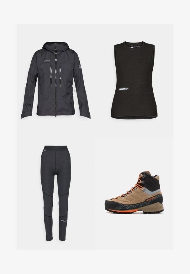Jaqueta Mammut preta com capuz, múltiplos bolsos com zíper, textura suave e zíper frontal. Projetada para atividades ao ar livre.; Camiseta preta sem mangas com um padrão texturizado, apresentando uma gola redonda e um logótipo "MAMMUT" na frente. Feita de material respirável.; Leggings atléticos pretos com painéis texturizados e costuras reforçadas, apresentando um logótipo de marca e uma cintura larga elástica.; Bota de caminhada cano alto em bege e preto com atacadores laranja, biqueira em borracha, parte superior texturizada e sola robusta. Apresenta suporte reforçado para o tornozelo.
