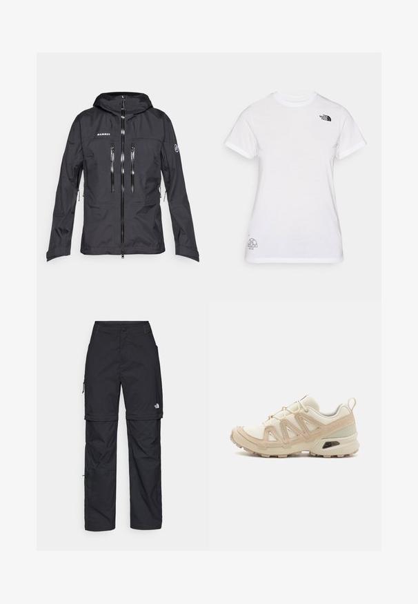 Czarna kurtka Mammut z kapturem, licznymi kieszeniami na zamek błyskawiczny, gładką fakturą i zamkiem z przodu. Zaprojektowana z myślą o aktywnościach na świeżym powietrzu.; Biała koszulka bawełniana z czarnym logo na lewej piersi i szarym graficznym wzorem w prawym dolnym rogu. Klasyczny okrągły dekolt i krótkie rękawy.; Czarne nylonowe spodnie cargo z odpinanymi nogawkami, regulowanymi mankietami, wieloma kieszeniami oraz logo na prawej nogawce. Gładka, lekka tekstura.; Beżowe i kremowe buty sportowe z teksturowanej siateczki, wspierającymi nakładkami oraz gumową podeszwą z wzorem bieżnika zapewniającym przyczepność.