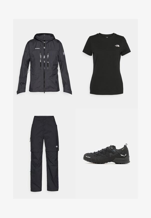 Jaqueta Mammut preta com capuz, múltiplos bolsos com zíper, textura suave e zíper frontal. Projetada para atividades ao ar livre.; T-shirt de algodão preta com decote redondo e mangas curtas. Logótipo branco notável no lado superior esquerdo. Textura suave, ajuste casual.; Calças cargo pretas em nylon com fechos de correr removíveis, punhos ajustáveis, múltiplos bolsos e um logótipo na perna direita. Textura suave e leve.; Botas de caminhada pretas com parte superior em tecido texturizado, sistema de atacadores e sola de borracha robusta. Apresentam detalhes refletivos e logótipos.