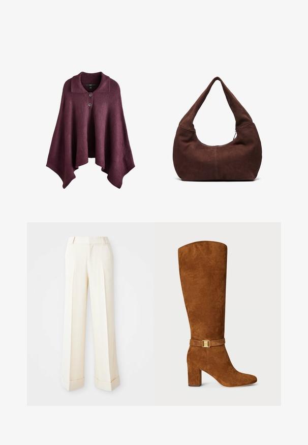Burgunderfarbener Poncho mit Kragen, der vorne zwei Knöpfe hat, aus einem weichen Strickmaterial gefertigt und in einer fließenden, asymmetrischen Form.; Cremfarbener, ärmelloser Cropped-Top mit breiten Trägern und einer Reihe kleiner weißer Knöpfe in der Mitte.; Beige weit geschnittene Hose mit glatter Textur, vorderen Biesen und umgeschlagenen Säumen. Mit Gürtelschlaufen und Reißverschluss.; Braune Wildleder-Kniehohe Stiefel mit quadratischer Zehenpartie, klobigem Absatz und einem goldfarbenen Schnallen-Detail an einem passenden Wildlederriemen um den Knöchel.; Braune Wildleder-Hobo-Tasche mit einem gebogenen, breiten Griff und einer großen Öffnung. Weiche Textur mit sichtbaren abgesteppten Details entlang der Kanten.