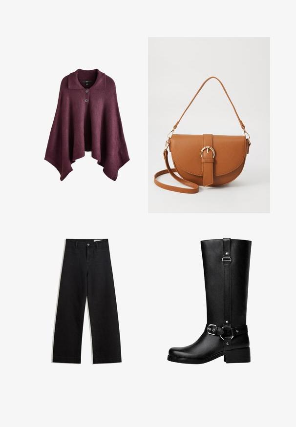Burgundin värinen poncho, jossa on kaulus ja edessä kaksi nappia. Valmistettu pehmeästä neulemateriaalista, jossa on virtaava, epäsymmetrinen muoto.; Mustat napitettavat puserot, joissa on levitetty kaulus, pitkät hihat ja muotoonommeltu leikkaus. Valmistettu sileästä kankaasta, jossa on siisti viimeistely ja huomaamattomat saumat.; Mustat leveät farkut korkealla vyötäröllä, joissa on etu- ja takataskut, ommellut saumat ja nappisuljenta. Silkinoinen rakenne.; Pitkät mustat keinonahkabootsit, joissa on pyöreä kärki, vyösolkiyksityiskohta ja iso korko. Suora pinta ja pystysauma varressa.; Ruskean nahkainen olkalaukku, jossa on kaareva muoto, kultaiset yksityiskohdat ja solkiyksityiskohta. Varustettu irrotettavalla olkahihnalla.