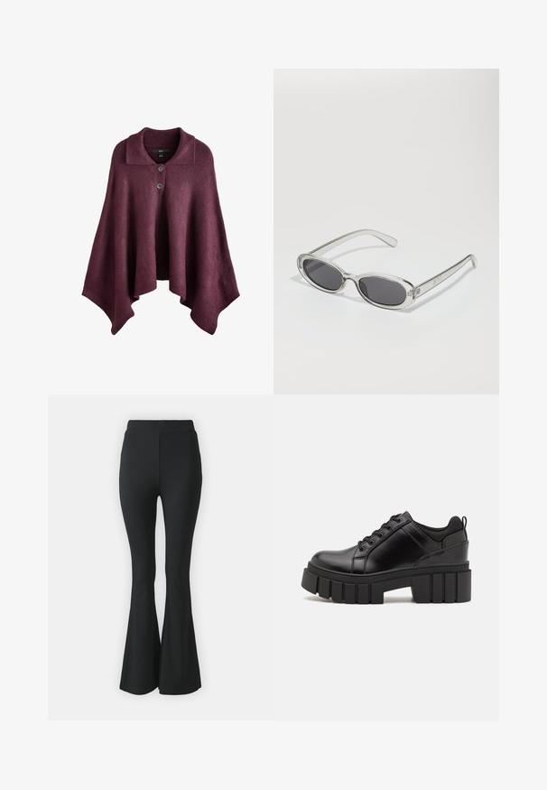 Poncho burdeos con cuello, que presenta dos botones en la parte delantera, fabricado en un material de punto suave con una forma asimétrica y fluida.; Dos camisetas de manga larga: una negra y una blanca. Ambas cuentan con un cuello redondo, mangas raglán y una suave mezcla de algodón.; Pantalones acampanados negros hechos de tejido elástico. Presentan una cinturilla alta y un diseño ajustado y suave que se ensancha desde la rodilla hacia abajo.; Zapatos de plataforma de cuero negro con un tacón cuadrado grueso, punta redonda y diseño tradicional de cordones. Presenta una textura suave y un detalle minimalista.; Gafas de sol con forma ovalada, montura de plástico transparente, lentes gris oscuro y patillas delgadas y transparentes con acentos de logotipo y un diseño minimalista.