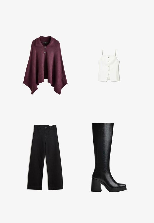 Burgundi színű poncsó gallérral, elöl két gombbal, puha kötött anyagból, amely áramló, aszimmetrikus formájú.; Fehér, ujjatlan felső, gombos előrészével, oldalzsebeivel és testhezálló kialakításával, enyhén bővülő aljával. Simább textúrájú, minimális részletezéssel.; Fekete, bő szabású farmernadrág magas derékkal, elülső és hátsó zsebekkel, varrott felületekkel és gombos záródással. Sima textúra.; Fekete, térd fölé érő csizma texturált szintetikus anyagból, négyzetes orral, masszív, magas sarokkal és sima, elegáns felülettel.