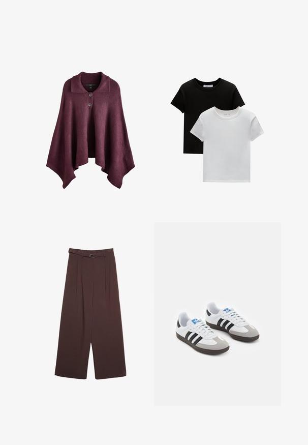 Bordo pončo s ovratnikom, s dva gumba sprijeda, izrađeno od mekog pletenog materijala s tekućim, asimetričnim oblikom.; Dva majice s okruglim izrezom, u crnoj i bijeloj boji, od pamuka. Imaju kratke rukave i jednobojni dizajn bez uzoraka ili akcenta.; Stradivarius WIDE-LEG WITH BUCKLE DETAIL - Hlače - dark brown; Sportske cipele s gornjištem od bijele kože, sivi suedinasti nos i tri crne pruge. Imaju plavi logo na jeziku i teksturiranu gumenu podlogu.