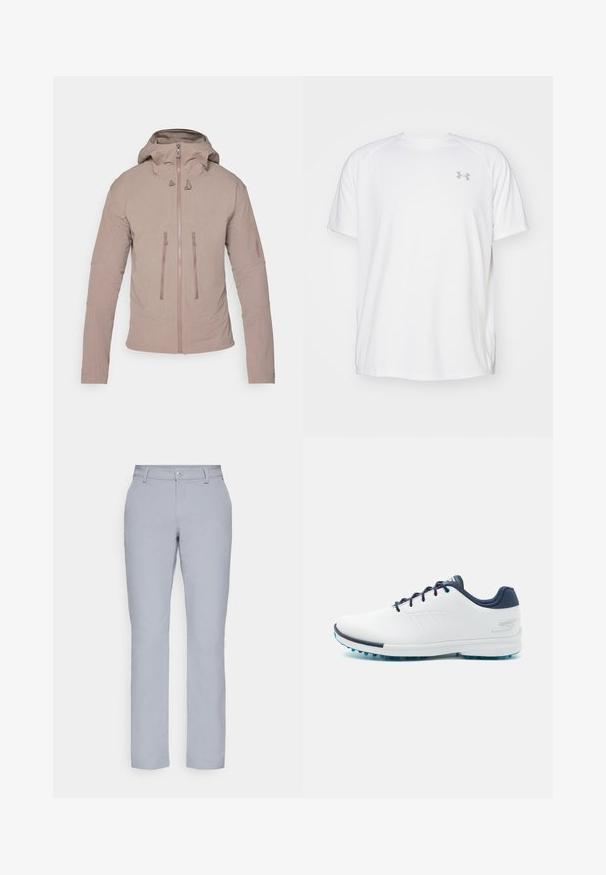 Light beige jacket with a hood, featuring a zippered front, two chest pockets, and subtle branding on the sleeve. Smooth fabric texture.; White short-sleeve athletic shirt made of smooth fabric. Features a crew neck and gray logo on the left chest, with side slits at the hem.; Light gray trousers with a straight cut, button closure, front pockets, and a smooth, textured fabric. Minimalist design, no patterns.; White athletic shoes with a smooth synthetic upper, blue accents, textured navy heel, and a lightweight, spiked sole for traction.