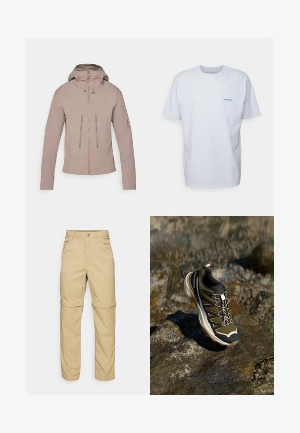 Helle beigen Jacke mit Kapuze, ausgestattet mit einem Reißverschluss vorne, zwei Brusttaschen und dezentem Branding am Ärmel. Glatte Stofftextur.; Weißes Baumwoll-T-Shirt mit kurzen Ärmeln, Rundhalsausschnitt und einer linken Brusttasche, die ein blaues "Patagonia"-Logo aufweist. Klassische Passform mit glatter Textur.; Beige Zip-off-Hosen mit glatter Textur, ausgestattet mit zwei Seitentaschen, einer Knopfverschluss und hochrollbaren Säumen für Vielseitigkeit.; Wanderschuh in Olivgrün und Schwarz mit pinken Akzenten. Verfügt über ein strukturiertes Obermaterial, eine flexible Sohle, eine verstärkte Zehenkappe und ein farbenfrohes Schnürsystem.