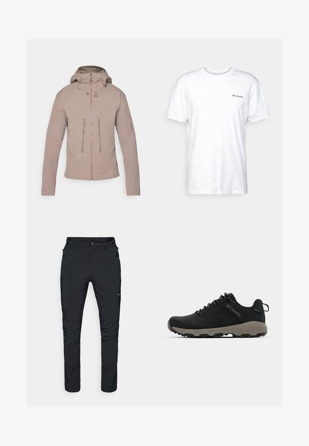 Veste beige clair avec capuche, dotée d'une fermeture éclair à l'avant, de deux poches poitrine et d'un branding subtil sur la manche. Texture de tissu lisse.; T-shirt en coton blanc à manches courtes, col rond, avec un petit logo noir Columbia sur la poitrine gauche. Design simple et doux.; Pantalons d'extérieur noirs avec une coupe droite, dotés de poches zippées, de passants de ceinture et d'une texture de tissu légère et durable.; Chaussure de randonnée noire avec une tige lisse, un design perforé, une semelle extérieure grise et un talon renforcé. Comprend des lacets et une languette pour un enfilage facile.