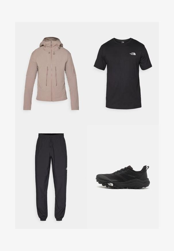 Svetlo béžová bunda s kapucňou, so zipsom vpredu, dvoma náprsními vreckami a nenápadným logom na rukáve. Hladká textúra látky.; Čierne tričko s krátkym rukávom vyrobené z bavlny, s okrúhlym výstrihom a malým bielym logom na hornej ľavej strane hrude.; Čierne športové nohavice vyrobené z ľahkej tkaniny, s elastickým pásom na šnurovanie, bočnými vreckami a zúženými manžetami na členkoch.; Čierne trailové behacie topánky s štruktúrovaným zvrškom, gumovou podrážkou a vystuženou špičkou. Obsahuje polstrovaný golier a úchyt na jednoduché obúvanie.