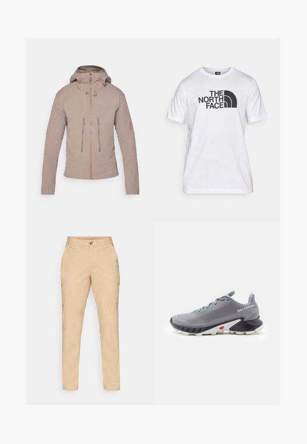 Lys beige jakke med hette, med glidelås foran, to brystlommer og subtil merkevare på ermet. Glatt stofftekstur.; Hvit bomulls T-skjorte med svart grafisk trykk som inkluderer tekst og et buet logodesign. Rund hals og korte ermer. Enkelt tekstur.; Beige cargo bukser med knappestolpe, slim fit, sidelommer og et glatt bomullsblandingsstoff. Ingen synlige mønstre eller aksenter.; Grå løpesko med teksturert mesh-overdel, svart og hvit gummisåle, og rød aksent nær hælen. Har lisser og støttende design.