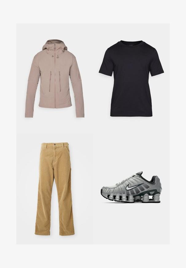 Licht beige jack met een capuchon, voorzien van een rits aan de voorkant, twee borstzakken en subtiele branding op de mouw. Vlotte stoftextuur.; Zwarte T-shirt gemaakt van soepel materiaal, met een ronde hals en korte mouwen. Subtiele branding in het zwart gedrukt op de borst.; Tan corduroy broeken met voorkruiden, riemlussen, knoopsluiting en rechte pijpen, plat gelegd op een witte achtergrond.; Grijze en zwarte Nike hardloopschoen met zichtbare veerachtige demping onder de zool en een wit swoosh-logo aan de zijkant.