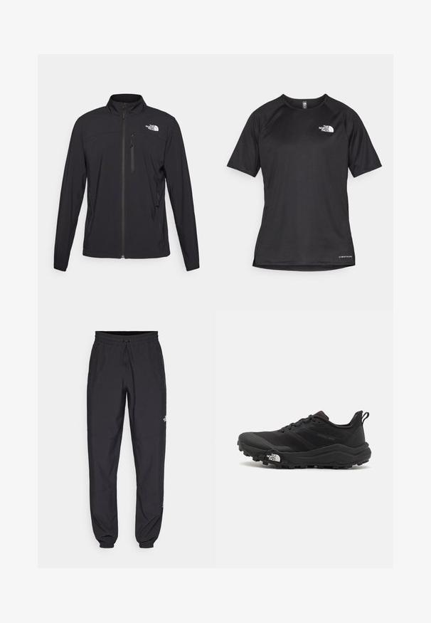 Jachetă neagră ușoară cu guler înalt, fermoar frontal, două buzunare laterale și un mic logo pe piept. Textură netedă și croială sport.; Tricou athletic scurt, de culoare neagră, cu un material texturat, având un logo alb pe partea stângă a pieptului și un tiv drept.; Pantaloni atletici negri, confecționați dintr-un material ușor, cu un tiv elastic la talie, buzunare laterale și tivuri ajustate la gleznă.; Pantofii de alergare pe teren accidentat, de culoare neagră, cu un superior texturat, talpă din cauciuc și vârf întărit. Prezintă un guler căptușit și o bandă de prindere pentru îmbrăcare ușoară.