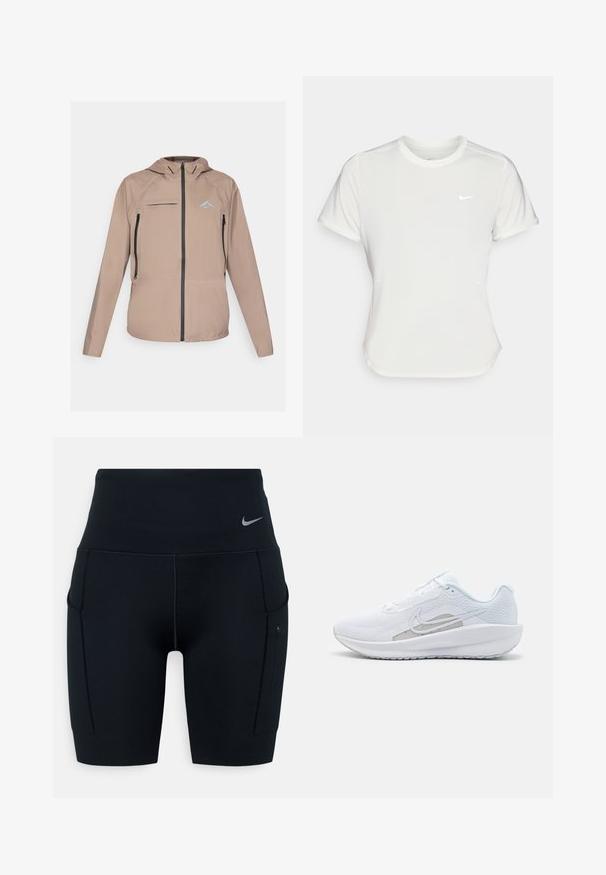 Lightweight beige jacket with a fitted hood, zippered front and pockets, and subtle logo accent. Smooth fabric with textured detailing.; Nike T-shirt in white, short sleeves, round neckline, made from a smooth, lightweight fabric. Features a subtle logo on the chest.; Black high-waisted athletic shorts made of stretchy material; features side pockets and a small Nike logo on the waistband.; White athletic shoe with mesh upper, rounded toe, and textured sole. Features a silver Nike swoosh and minimalistic design.