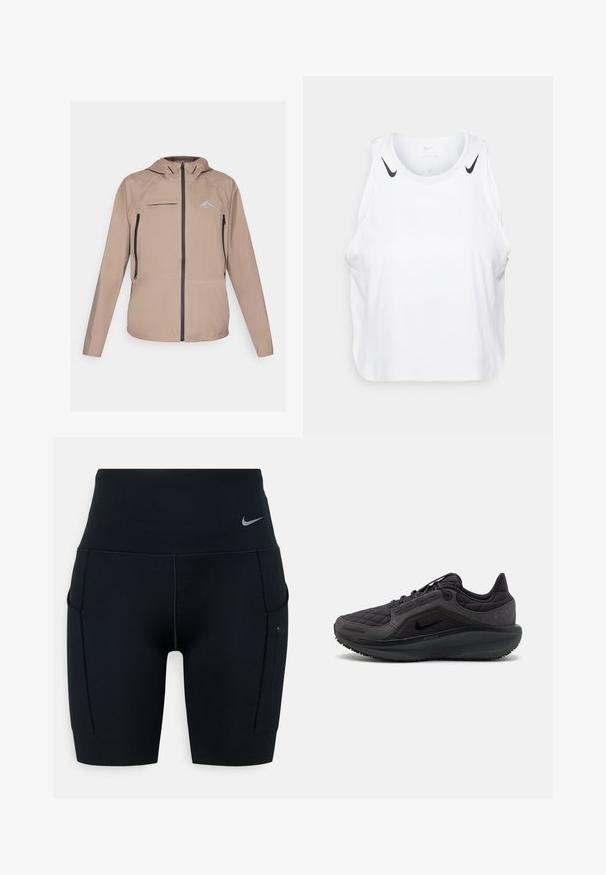 Lichtgewicht beige jas met een aansluitende capuchon, ritssluiting aan de voorkant en zakken, en een subtiele logo-accent. Glad stof met textuurdetails.; Witte mouwloze tanktop van lichtgewicht stof, met zwarte Nike-logo accenten op de schouders, een ronde halslijn en een relaxte pasvorm.; Zwarte hoogsluitende sportshorts gemaakt van rekbaar materiaal; heeft zijzakken en een klein Nike-logo op de tailleband.; Zwarte sportieve schoen met een gewatteerde bovenkant, textuuraccenten en een gevoerde zool. Heeft een opvallend Nike-logo en een duurzame buitenzool.