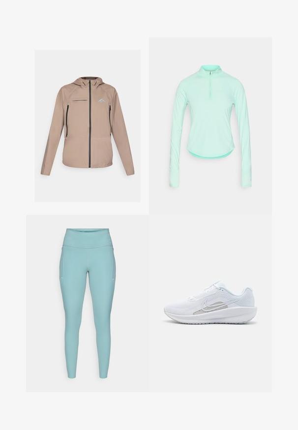 Lichtgewicht beige jas met een aansluitende capuchon, ritssluiting aan de voorkant en zakken, en een subtiele logo-accent. Glad stof met textuurdetails.; Mintgroene lange mouwen sportshirt met een ritskraag, met een getailleerd ontwerp en een gladde, lichte stof.; Lichtblauwe leggings gemaakt van rekbaar materiaal, met een hoge tailleband, een naadloos ontwerp en minimale witte accenten aan de zijkanten.; Witte sportieve schoen met een bovenwerk van mesh, ronde neus en een textuurzool. Beschikt over een zilveren Nike swoosh en een minimalistisch ontwerp.