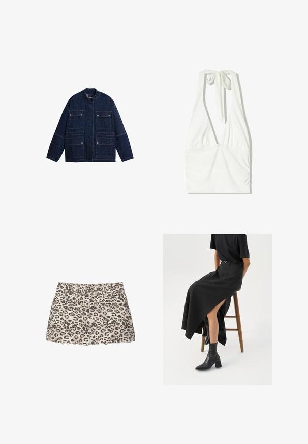 Ciemnoniebieska jeansowa kurtka o konstrukcyjnym fasonie, z kołnierzem stojącym, czterema przednimi kieszeniami oraz subtelną, nakropioną teksturą.; Biały top na ramiączkach z głębokim dekoltem w kształcie V, zebranym przodem i regulowanym wiązaniem na szyi. Wykonany z miękkiej, teksturowanej tkaniny.; Dżinsowa mini spódnica w panterkę z postrzępionym dołem, z przednimi kieszeniami oraz klasycznym pasem w talii z dwoma metalowymi guzikami.; Czarna lniana spódnica maxi z wysokim rozcięciem, noszona z czarnym t-shirtem i czarnymi botkami sięgającymi kostek. Minimalistyczny design z luźnym krojem.