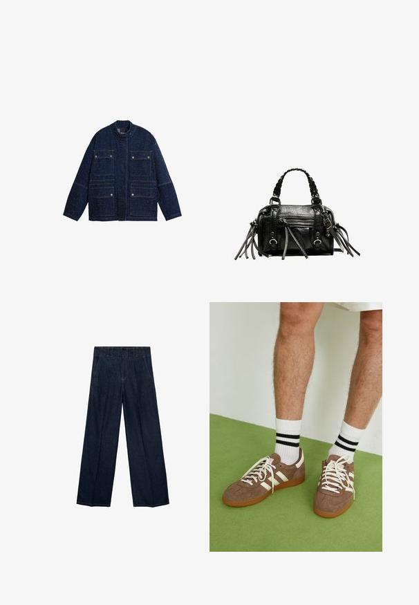 Tamno plavi traper jakna s izrađenim dizajnom, visokom kragnom, četiri prednja džepa i suptilnom mrljastom teksturom.; Body s uzorkom leoparda, sa izrezom u obliku žlice, bez rukava, od mekog materijala i zatvaranjem na dugmiće na dnu. Paleta boja uključuje bež i crnu.; Tamno plave široke traperice s visokim strukom, plisiranim detaljima i tradicionalnim dizajnom s pet džepova, izrađene od traper tkanine s suptilnim šavovima.; Smeđe nubuk tenisice s bijelim detaljima i vezicama. Gumeni potplat. Nosene s bijelim čarapama s crnim prugama. Zeleno teksturirano pod.; Crna kožna torba s pletenim ručkama, teksturiranom površinom, prednjim džepom na patentni zatvarač i dekorativnim resicama. Kompaktna i strukturirana forma.