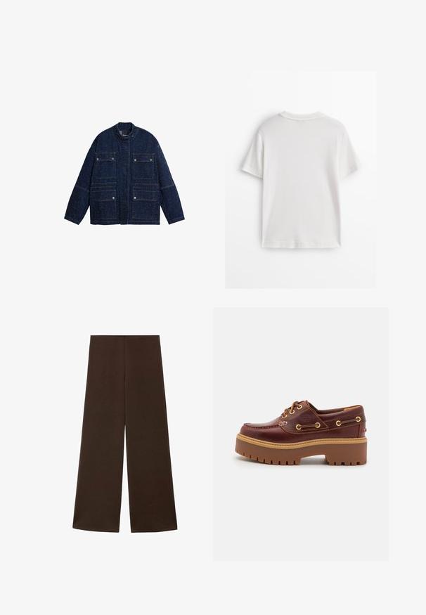 Tmavě modrá džísková bunda se strukturovaným designem, stojáčkovým límcem, čtyřmi předními kapsami a jemně tečkovanou texturou po celém povrchu.; Bílé bavlněné tričko s krátkými rukávy, kulatým výstřihem a hladkou texturou. Zadní strana je jednoduchá bez dalších vzorů nebo designů.; Kalhoty s širokými nohavicemi vyrobené z hladkého tmavě hnědého materiálu. Mají vysoký pas a minimalistický design bez ozdob.; Hnědé kožené boty na lodi s robustní hnědou gumovou podrážkou, zlatými očky a kontrastním prošíváním. Na boku se nachází logo.
