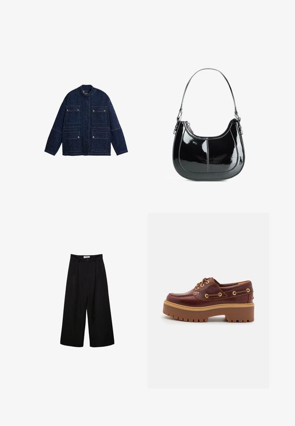 Tmavomodrá džínová bunda so štruktúrovaným dizajnom, stojatým golierom, štyrmi prednými vreckami a jemnou škvrnitou textúrou po celom povrchu.; Čierny top bez ramienok s priliehavým strihom, hladkou textúrou a širokým výstrihom. Obsahuje záševky pre tvarovanie a čistý, minimalistický dizajn.; Čierne široké nohavice s vysokým pásom, plisovaným predným dielom a zapínaním na gombík. Vyrobené z hladkej tkaniny s módnym strihom.; Hnedé kožené člunkové topánky s masívnou hnedou gumovou podrážkou, zlatými okami a kontrastným prešívaním. Obsahuje logo na boku.; Čierna lakovaná kožená kabelka s zakriveným dizajnom, so zipsovým zapínaním a jedným ramenným popruhom, ktorý má strieborné kovanie a akcenty šitia.