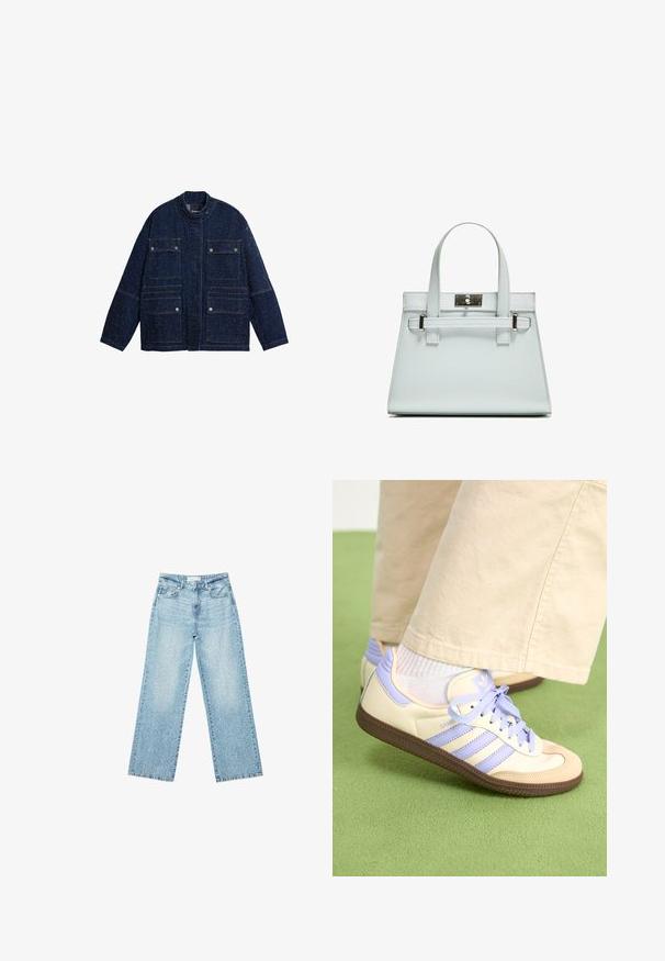 Tummansininen farkkutakki, jossa on rakenteellinen muotoilu, pystykaulus, neljä etutaskua ja hienovarainen pilkullinen rakenne koko takin pinnalla.; Valkoinen lyhythihainen t-paita, jossa on rento leikkaus ja frillattu tekstuuri vyötäröllä. Valmistettu pehmeästä, kevyestä kankaasta.; Vaaleansiniset leveälahkeiset farkut korkealla vyötäröllä, joissa on haalistunut pesu ja pieniä, satunnaisia kulumisia ympäriinsä.; Kermasilta ja laventelilta näyttävät lenkkarit kolmella raidalla ja teksturoidulla ruskealla pohjalla, varustettuna nauhoilla ja pehmustetulla kantapäällä. Pehmeä kangaspinta.; Vaaleansininen käsilaukku, jossa on jämäkkä muotoilu, kaksi kahvaa ja hopeanvärinen kiinnitys. Pinta on teksturoitu ja kulmat terävät.