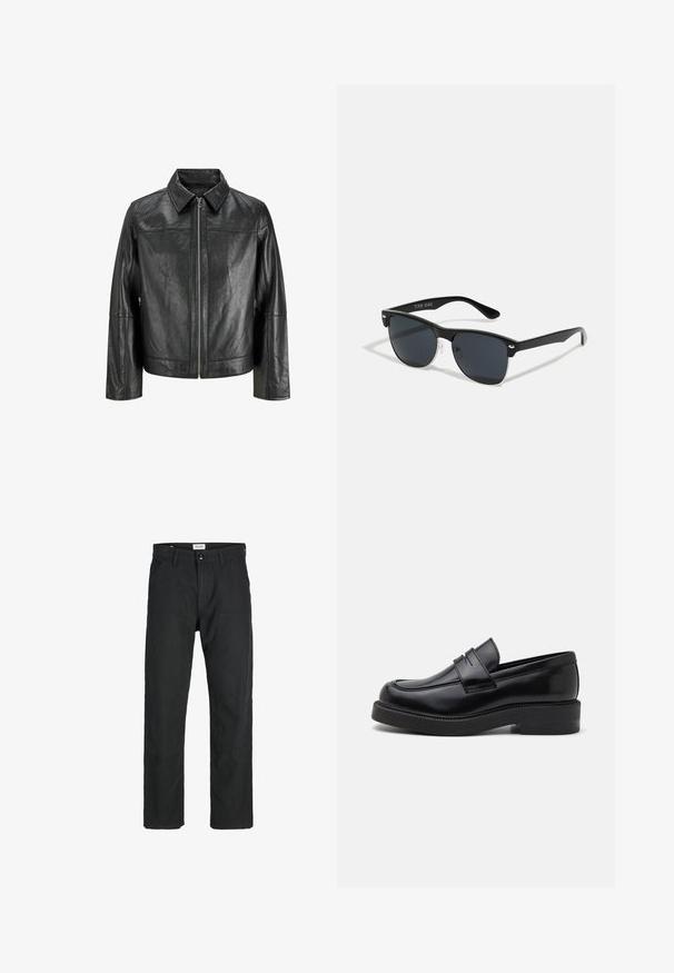 Juodas odinis švarkas su smailiu apykakle, priekiniais užtrauktukais ir ilgomis rankovėmis. Yra lygus paviršius ir paprastas dizainas. Be papildomų puošmenų.; Juodas trumpomis rankovėmis marškinėliai, pagaminti iš tekstūruotos medžiagos, su apvaliu iškirpimu ir laisvu siluetu. Paprasti, be raštų ar akcentų.; Juodi kelniai, pagaminti iš tvirto audinio, su tiesiomis kojomis, siuvinėtomis detalėmis ir dviem priekinėmis kišenėmis funkcionalumui.; Juodas odinis loaferis su apvalia nosimi, dekoratyvine priekine siūle ir storu guminiais padu. Lygi tekstūra su blizgiu paviršiumi.; Juodos saulės akinių su stačiakampiu rėmeliu, tamsiais lęšiais, sidabrinėmis detalėmis šventrajose ir matinio paviršiaus rėmeliu.