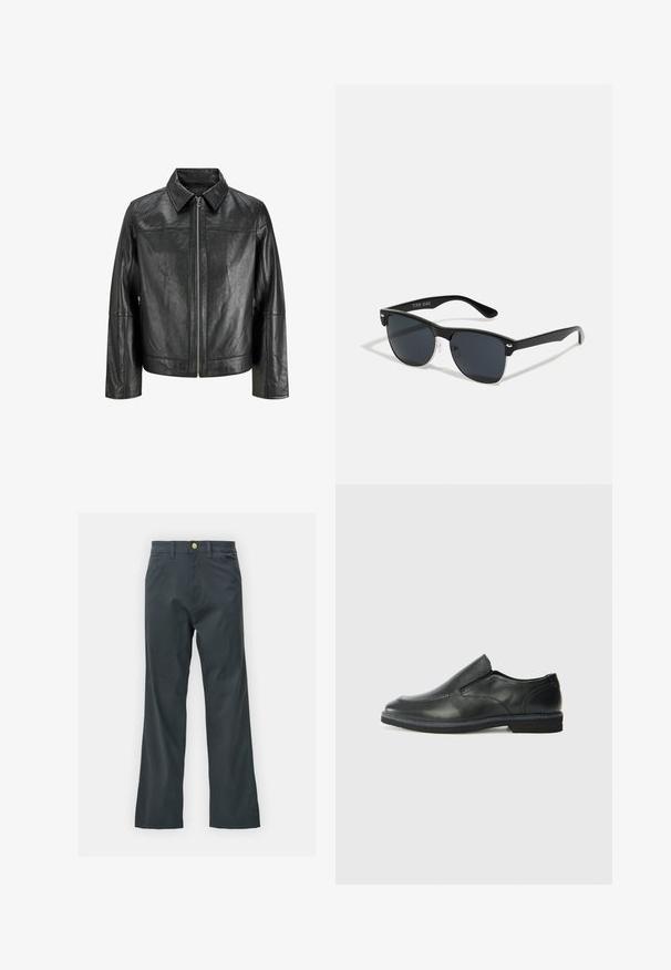 Čierna kožená bunda s špicatým golierom, predným zipsom a dlhými rukávmi. Vyznačuje sa hladkou textúrou a jednoduchým dizajnom. Bez ďalších ozdobných prvkov.; Dvé čierne polo tričká, krátke rukávy, vyrobené z bavlny, s klasickým golierom, dvojitým gombíkom a bielymi pruhmi vo vnútri goliera.; Čierne nohavice so straight leg strihom, vyrobené z bavlnenej zmesi. Majú kovové zapínanie a bočné vrecká. Bez viditeľných vzorov.; Čierny kožený nazúvací topánka s hladkým zvrškom, prešitými akcentmi, zaoblenou špičkou a nízkym gumovým podpätkom. Podošva má minimálny dezén.; Čierne slnečné okuliare s obdĺžnikovým tvarom, tmavými sklami, striebornými akcentmi na bočných okrajoch a matným povrchom rámu.