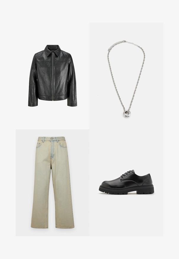 Chaqueta de cuero negra con cuello puntiagudo, cremallera frontal y mangas largas. Presenta una textura suave y un diseño simple. Sin adornos adicionales.; Camiseta de algodón negra con un gráfico colorido en el lado izquierdo del pecho, que representa un oso de peluche y texto estilizado, con mangas cortas y cuello redondo.; Jeans de pierna ancha de color azul claro, fabricados en denim con un acabado desgastado. Cuenta con cinco bolsillos y un cierre frontal de botón.; Zapatos de cuero negro con punta redondeada, diseño con cordones y una suela de goma gruesa y texturizada. Presentan costuras a lo largo del borde y un acabado suave.; Collar de metal en tono plateado que presenta un diseño de cadena retorcida y un colgante circular con un acabado pulido.