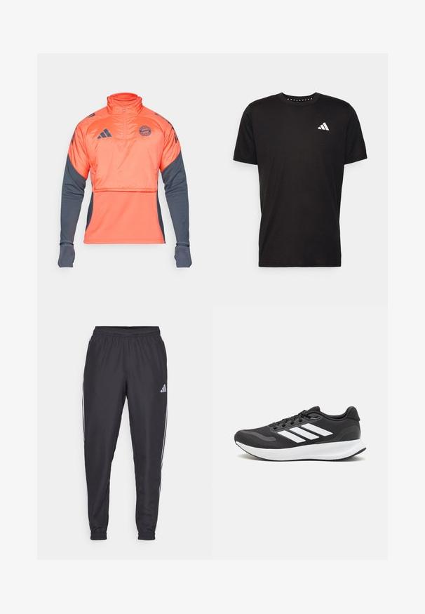 Orange och mörkgrå atletisk överdel med halv dragkedja, långa ärmar, logotyp och insvängd midja. Har strukturerad tyg.; Svart bomullströja med korta ärmar, rundad halsringning och en vit logotyp på vänster bröst. Slät textur och enkelt design.; Svarta träningsbyxor med elastisk midja, med vita ränder längs sidorna och en liten logotyp på höften. Slät textur.; Svart atletisk sko med andningsbar mesh-överdel, vita detaljer och en dämpad sula. Har tre ränder logo på sidan.