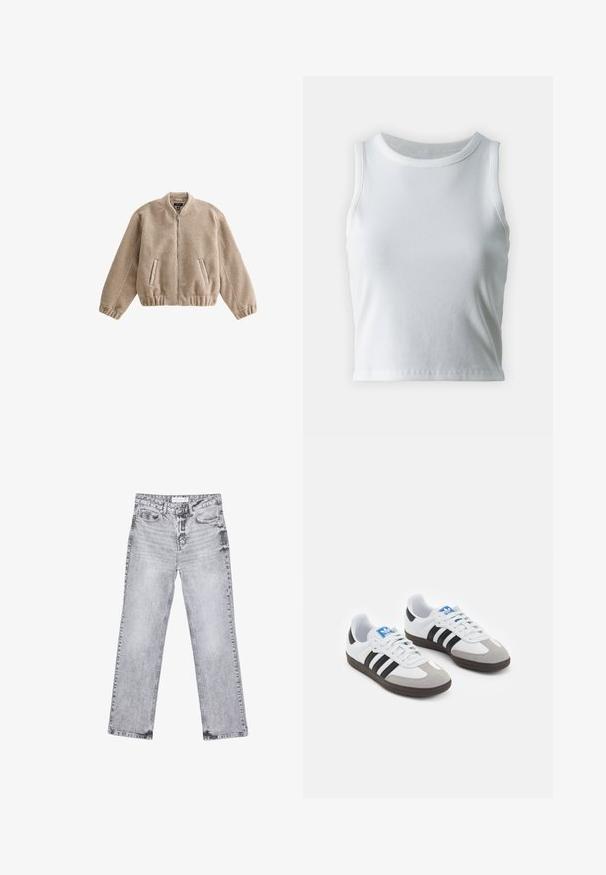 Beige fleece bomber jacket with a zip front, ribbed cuffs and hem, and side pockets. Soft texture and relaxed, structured design.; White ribbed tank top with a round neckline and sleeveless design, featuring a straight hem and a smooth, stretchy texture.; Gray denim jeans with a straight-leg cut, distressed detailing, five pockets, and copper rivets. Waistband features a logo tag.; Sport shoes with a white leather upper, gray suede toe, and three black stripes. Features a blue logo on the tongue and a textured rubber sole.