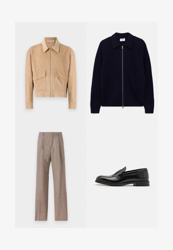 Beżowa kurtka z kordurowego materiału z zamkiem z przodu, długimi rękawami, kołnierzem i dwiema przednimi kieszeniami. Charakteryzuje się teksturowanym materiałem i skróconym fasonem.; Granatowy kardigan z prążkowanego dzianiny, zapinany na zamek, z kołnierzem i długimi rękawami, leżący płasko na białym tle.; Biała koszula z długim rękawem na guziki, wykonana z bawełny, z kieszonką na piersi z tonowym haftem, kołnierzykiem i zapięciem na guziki przy mankietach.; Brązowe, wysokiej talii spodnie wykonane z teksturowanej tkaniny. Posiadają szerokie nogawki i dwa przednie zakładki dla lepszej struktury. Starannie wykończone, bez widocznych elementów metalowych.; Czarne skórzane mokasyny o gładkiej fakturze, zaokrąglonym nosku i dekoracyjnym pasku na przodzie. Niski, warstwowy obcas, minimalistyczny design.