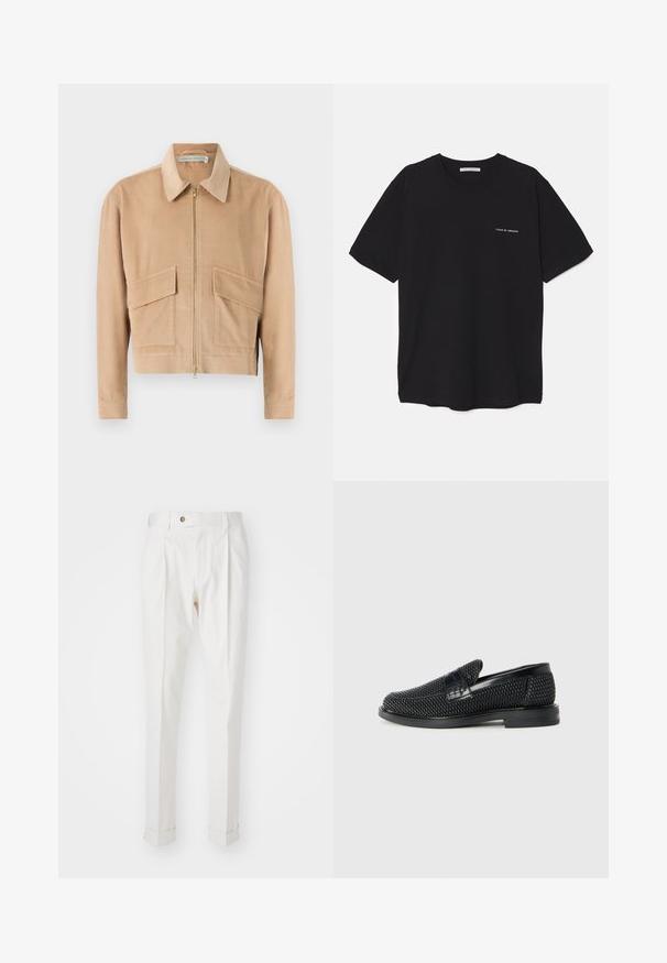 Beige corduroy jacket with a zipper front, long sleeves, a collar, and two front pockets. Features textured fabric and a cropped design.; Black cotton T-shirt with a crew neck, short sleeves, and a white logo print on the left chest. Simple, solid color design.; White, tailored trousers with a flat front, two pleats, and rolled cuffs. Made of a smooth fabric with a button closure at the waist.; Black woven slip-on shoe with a smooth leather accent on the upper, a round toe design, and a low-profile rubber sole.