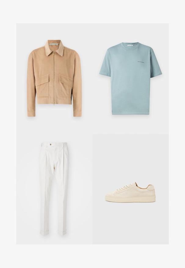 Veste en velours côtelé beige avec fermeture éclair à l'avant, manches longues, col et deux poches avant. Présente un tissu texturé et un design court.; T-shirt en coton bleu clair avec un col rond, des manches courtes et un petit logo "TIGER OF SWEDEN" sur la poitrine gauche. Texture lisse.; Pantalons blancs sur mesure avec un devant plat, deux plis et des ourlets roulés. Fabriqués dans un tissu lisse avec une fermeture à bouton à la taille.; Baskets en suède beige au design low-top, à bout rond, avec des lacets plats et une semelle en caoutchouc texturée. Style minimaliste sans logos visibles.