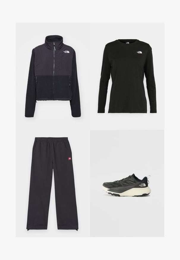 Svart fleecejakke med høy krage, glidelås foran og doble sidelommer. Har en kontrasterende glatt tekstil på toppen og teksturert fleece nedenfor.; Svart langermet T-skjorte laget av bomull med rund hals. Har en liten hvit logo på venstre brystområde. Enkelt design og passform.; Svartidrettsbukser laget av myk stoff, med en løs passform, elastisk midjebånd, sidelommer og et lite rødt logo-merke foran.; Svart treningssko med teksturert overdel, med grå detaljer og hvit såle. Har en pull tab og fremtredende merkevarelogo på hælen.